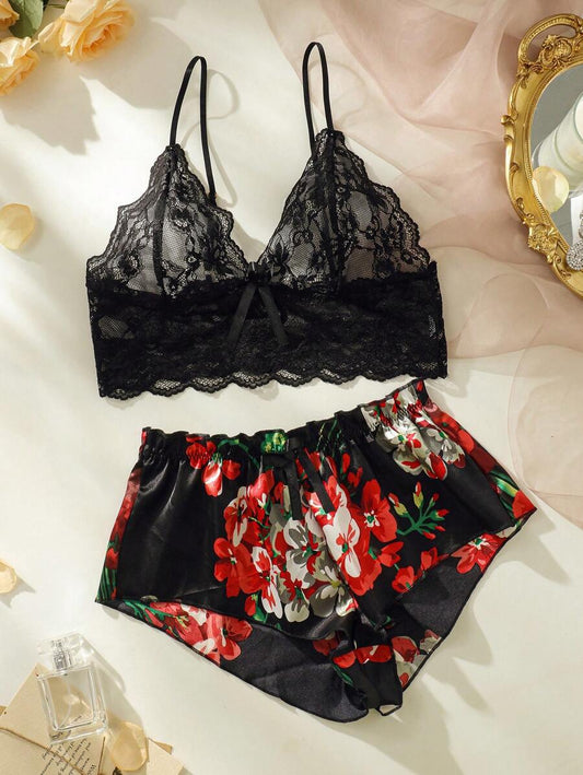 Floral Lace Bralette With Floral Shorts Black