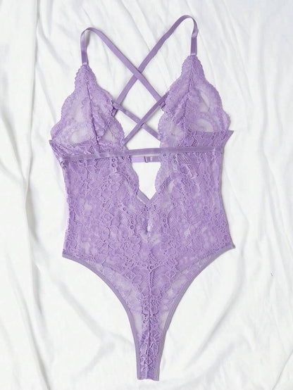 Floral Lace Criss Cross Plunging Teddy Bodysuit Purple