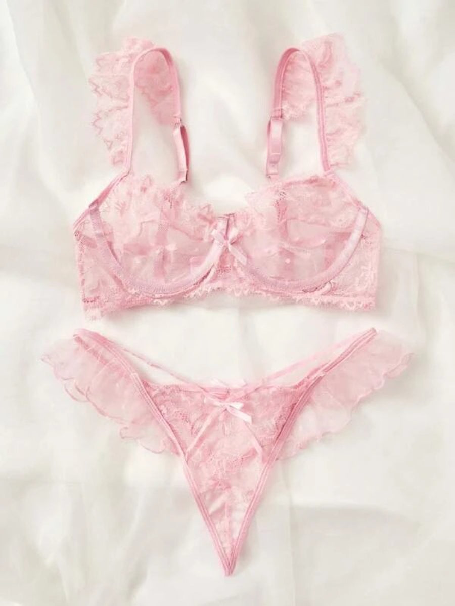 Floral Lace Ruffle Trim Underwire Lingerie Set Pink