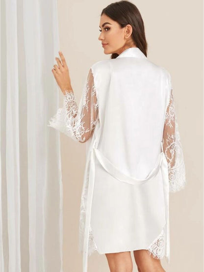 Floral Lace Satin Pattern Belted Robe