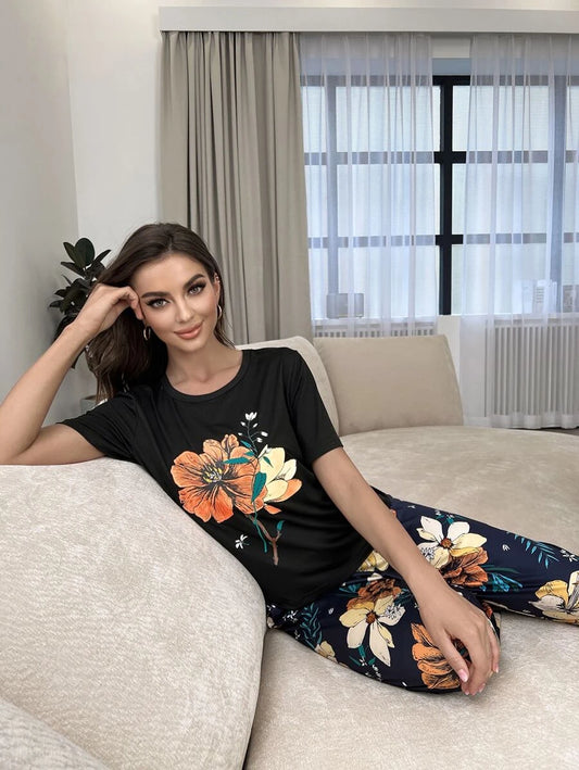 Floral Plants Print Tee And Pants Set