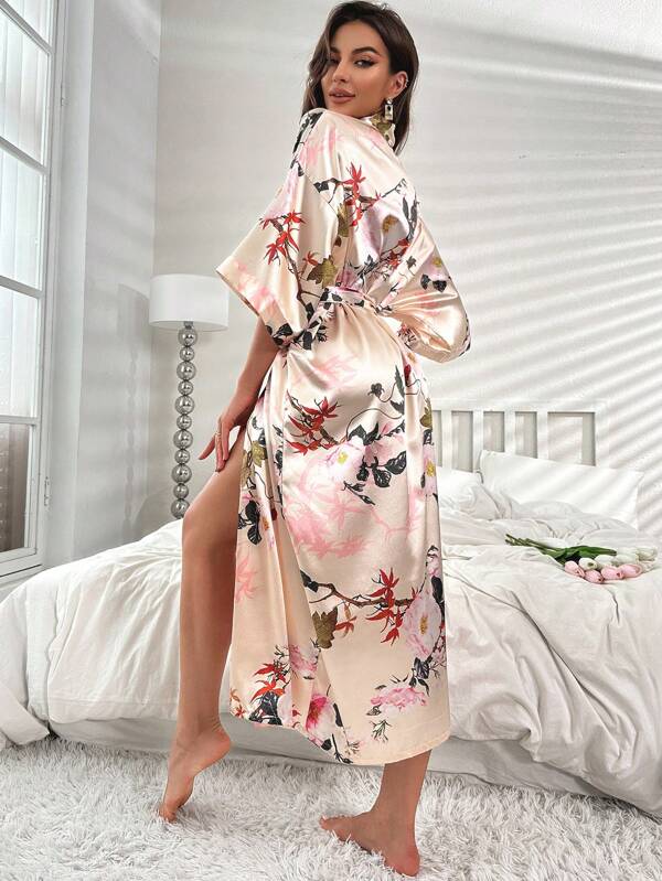 Floral Print Belted Satin Robe