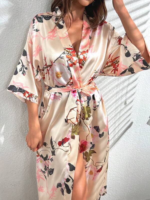 Floral Print Belted Satin Robe