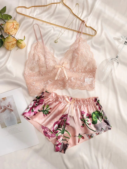 Floral Print Bow Front Lace Lingerie Set