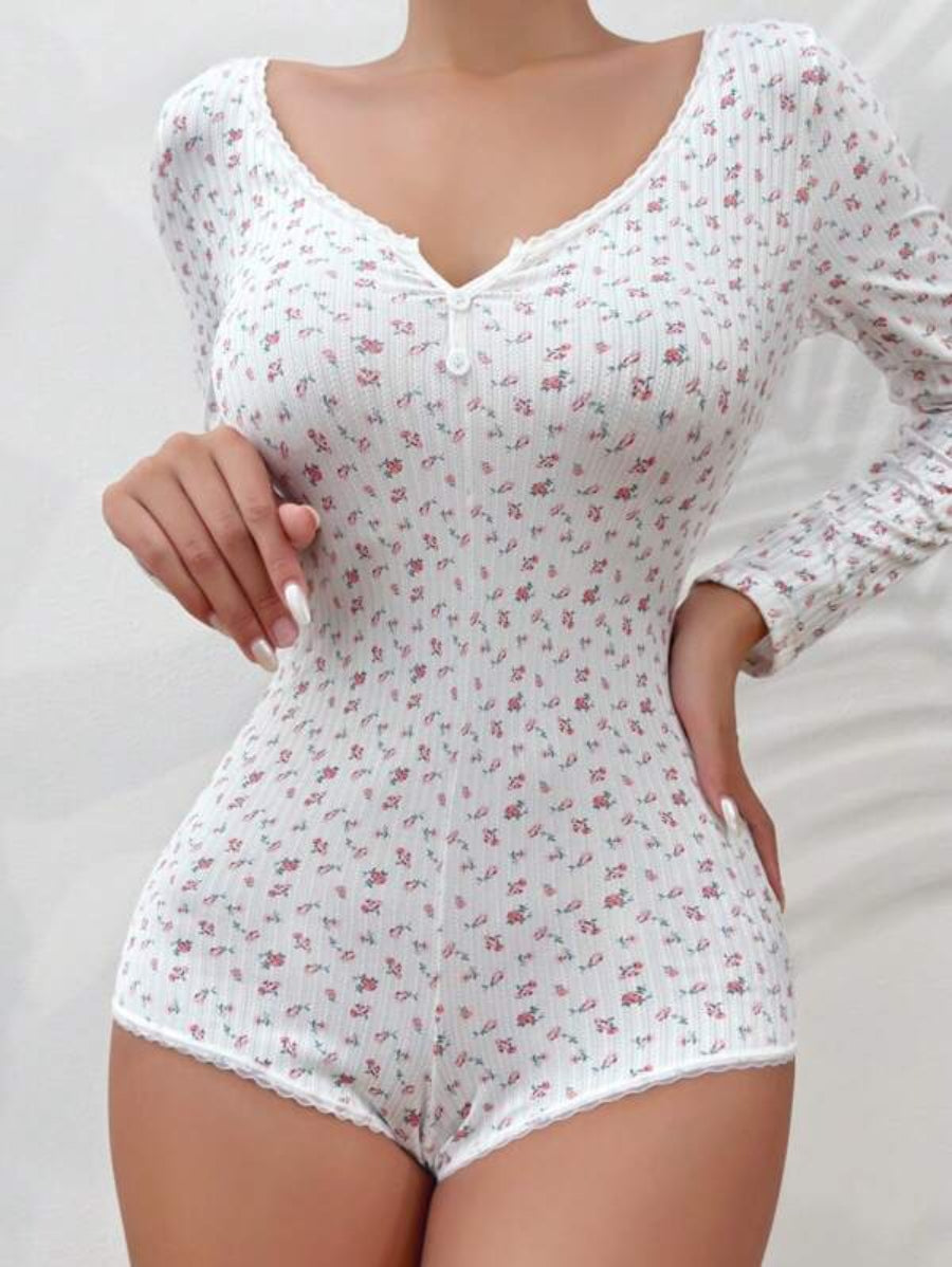 Floral Print Button Front Ribbed Knit Sleep Romper