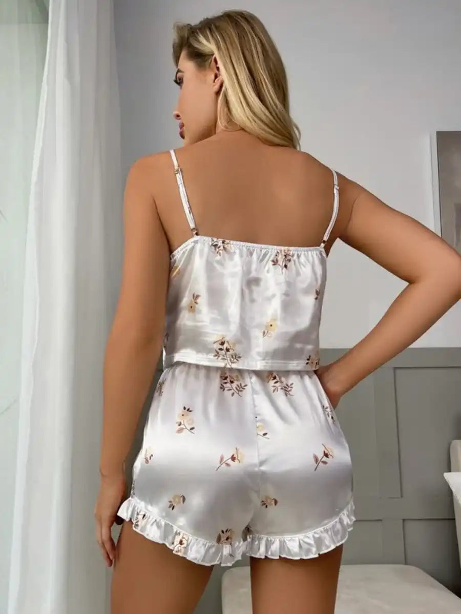 Leaves Print Contrast Lace Ruffle Hem Satin Cami Pajama Set