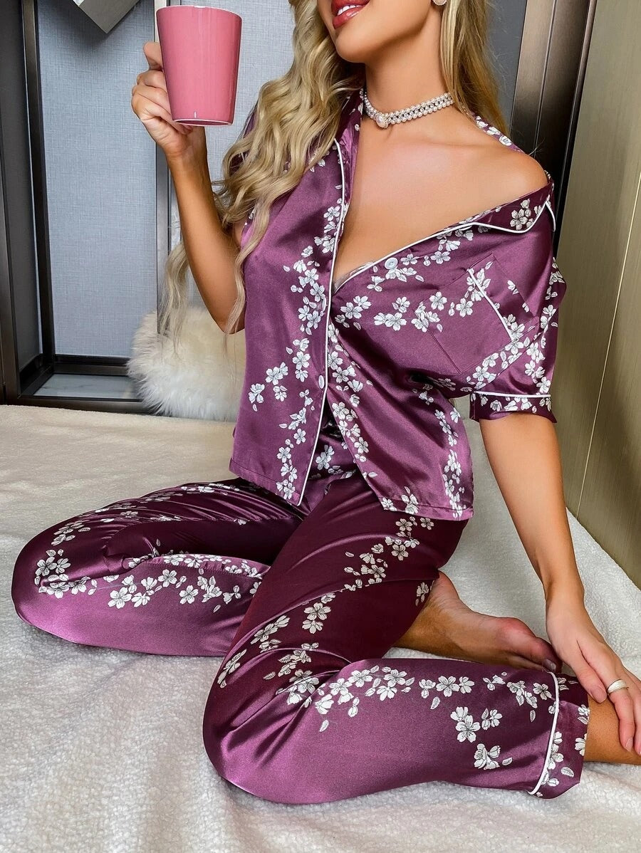 Floral Print Button Through Satin Pajama Set