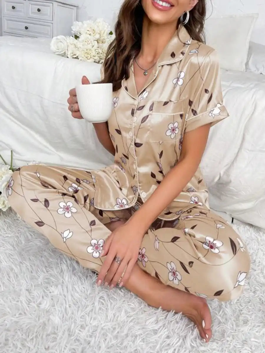 Floral Print Contrast Piping Satin Pajama Set