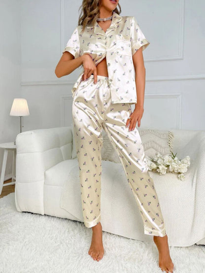 Floral Print Contrast Piping Satin Set