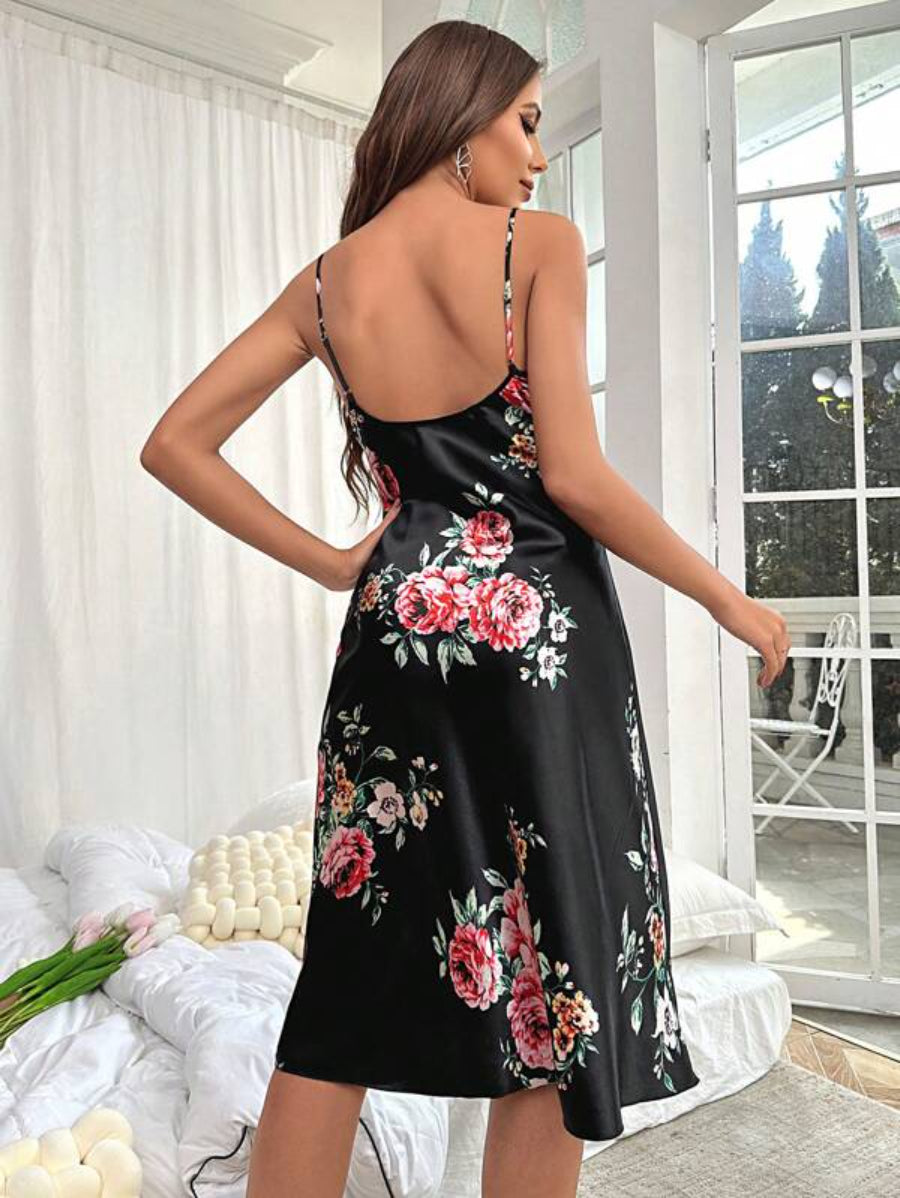 Floral Print Satin Slit Cami Nightdress