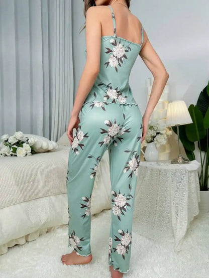 Floral Print Lettuce Trim Pajama Set
