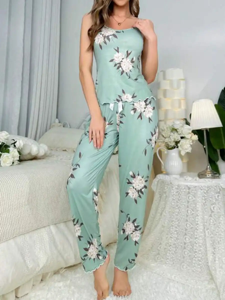 Floral Print Lettuce Trim Pajama Set