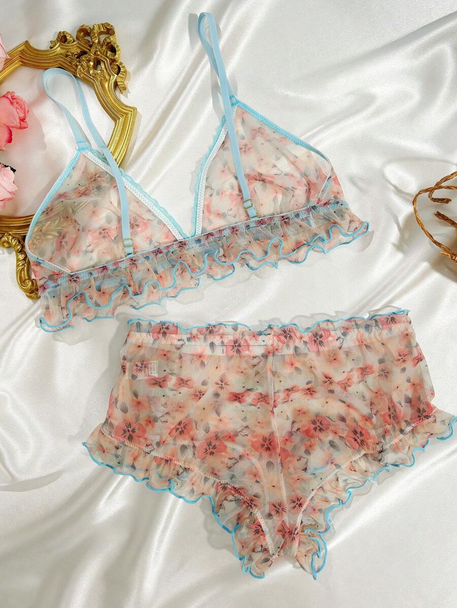 Floral Print Mesh Lingerie Set