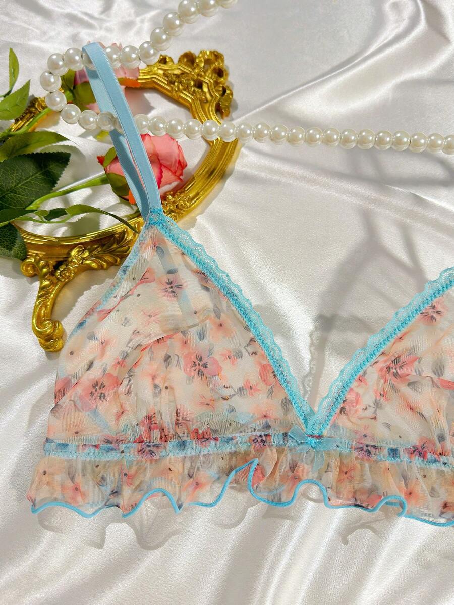 Floral Print Mesh Lingerie Set