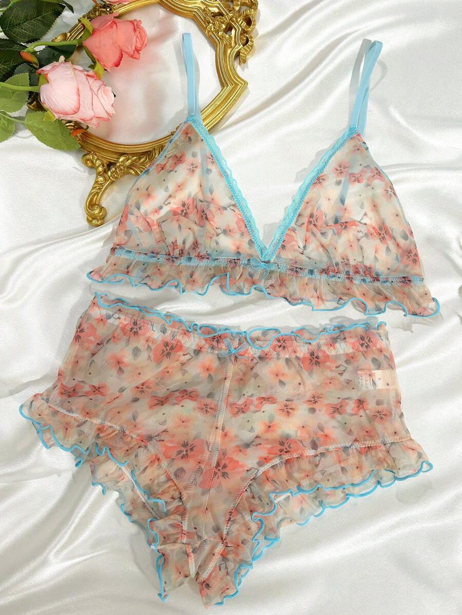 Floral Print Mesh Lingerie Set Blue