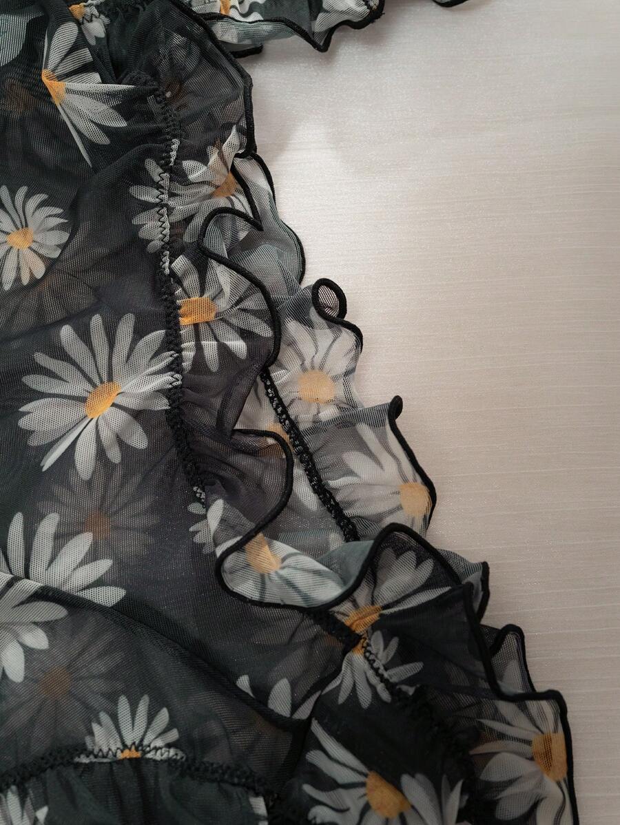 Floral Print Mesh Lingerie Set