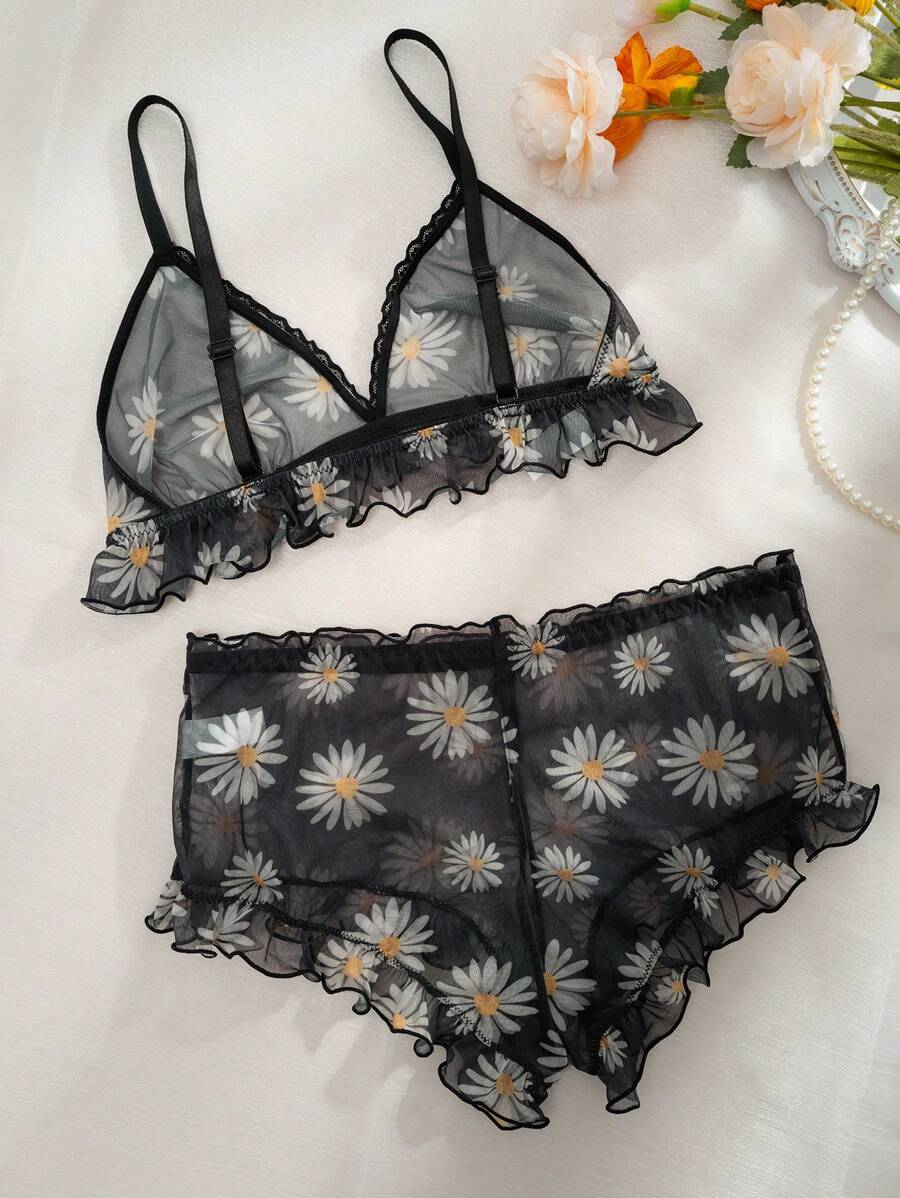 Floral Print Mesh Lingerie Set