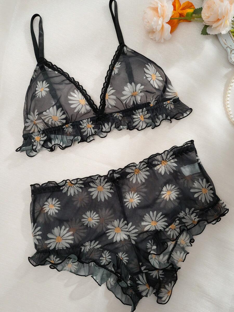 Floral Print Mesh Lingerie Set