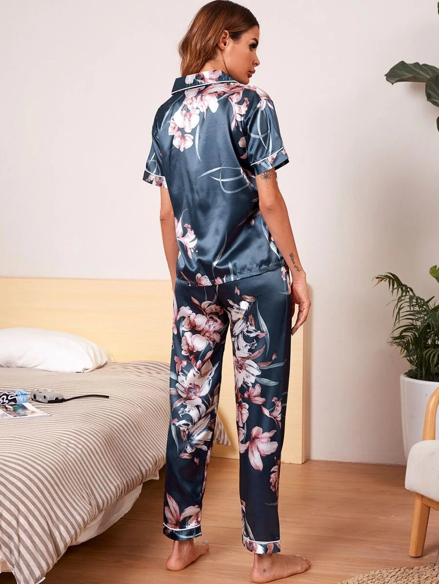 Floral Print Satin Lapel Pajama Set