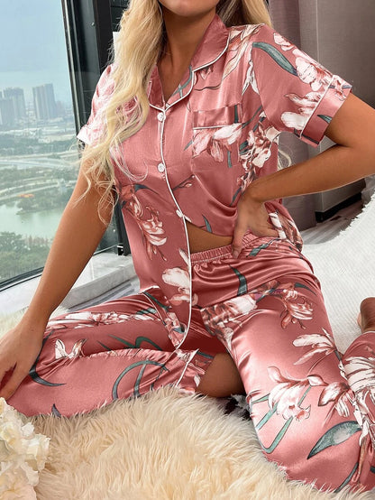 Floral Print Satin Lapel Pajama Set