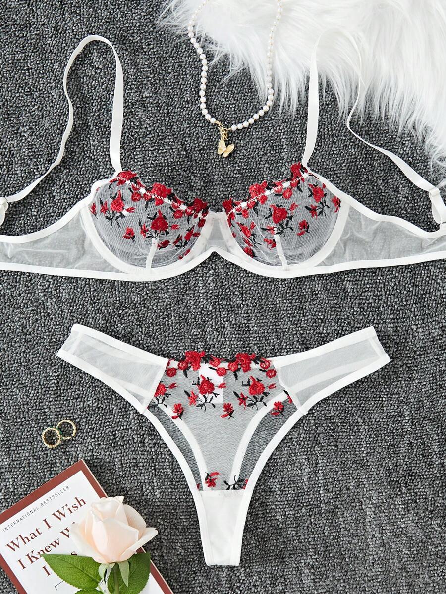 Floral Spaghetti Strap Underwire Lingerie Set White