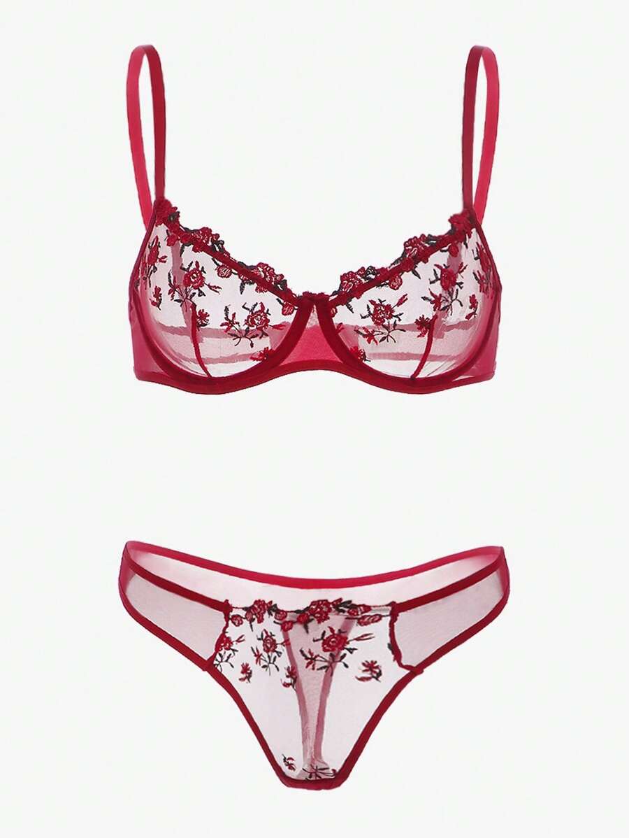 Floral Spaghetti Strap Underwire Lingerie Set Maroon