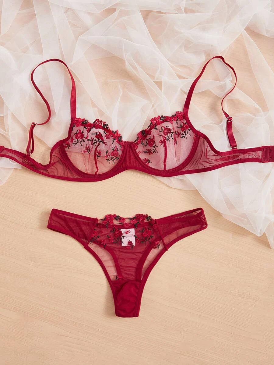 Floral Spaghetti Strap Underwire Lingerie Set