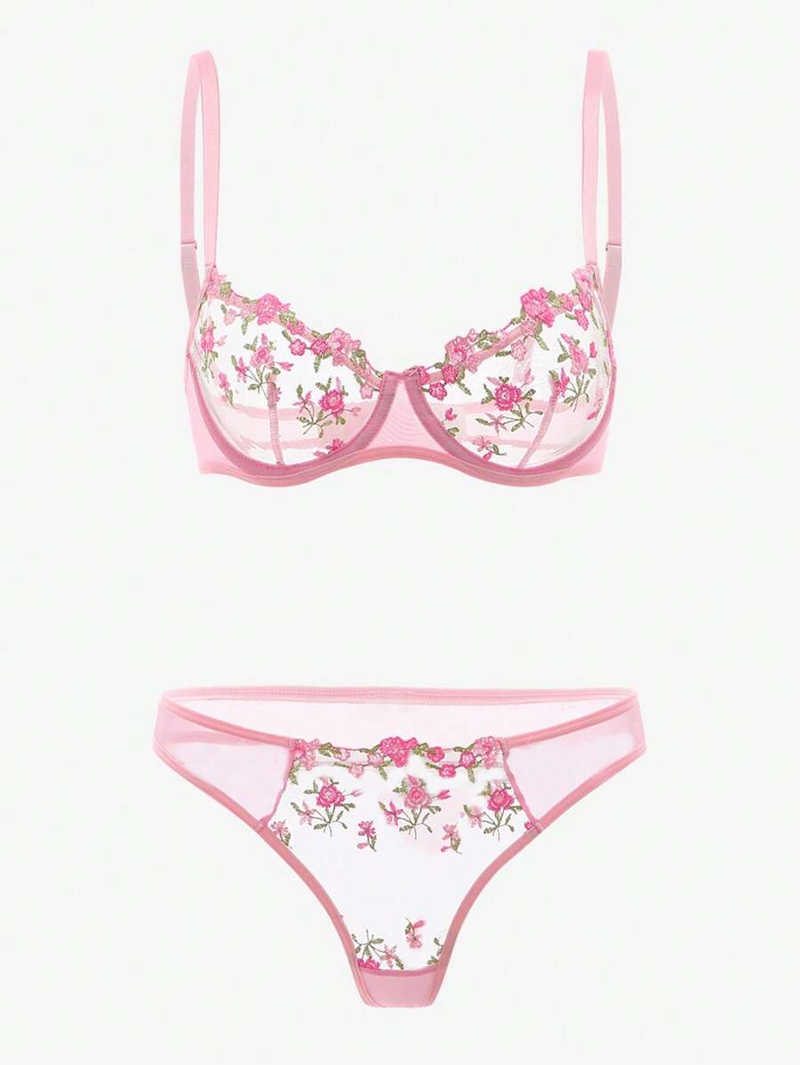 Floral Spaghetti Strap Underwire Lingerie Set Pink