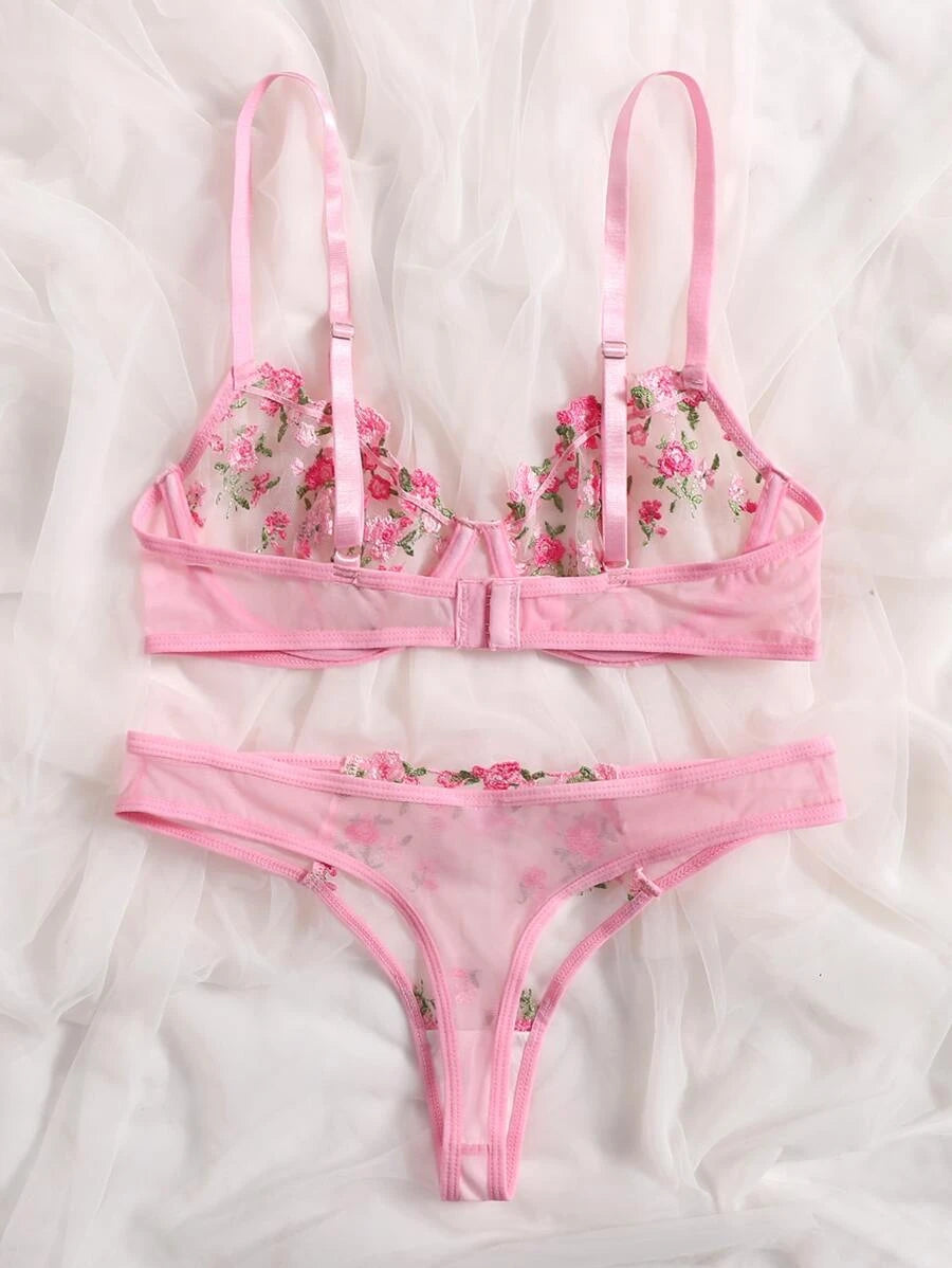 Floral Spaghetti Strap Underwire Lingerie Set