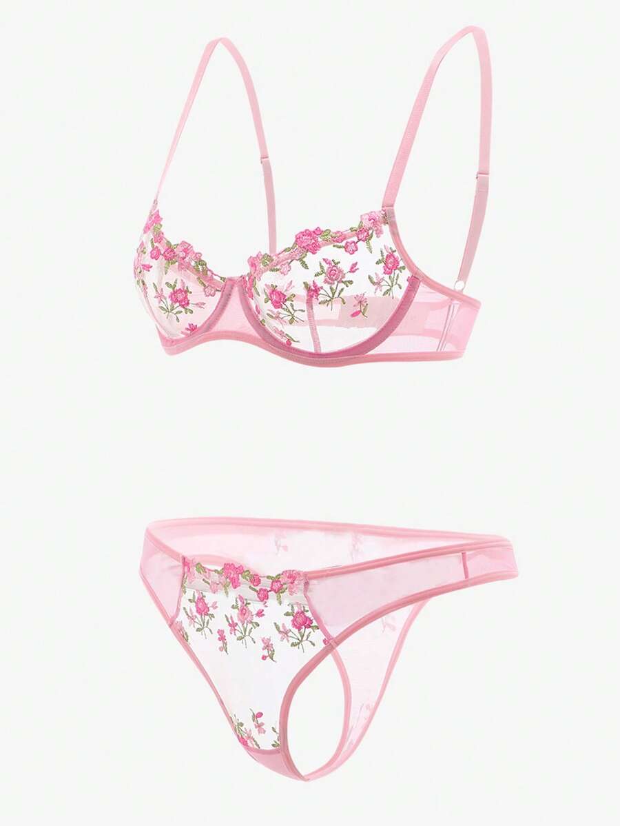 Floral Spaghetti Strap Underwire Lingerie Set