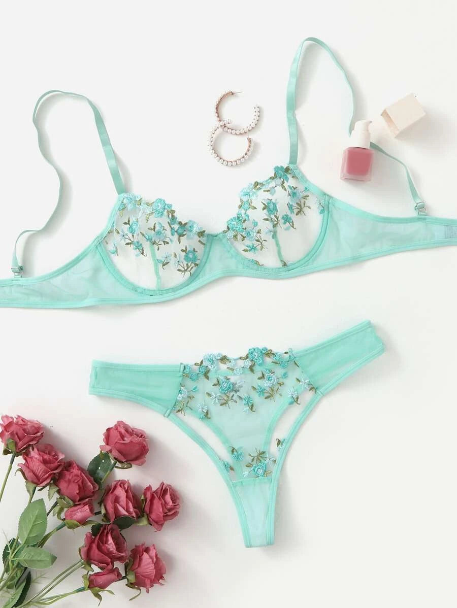 Floral Spaghetti Strap Underwire Lingerie Set Green