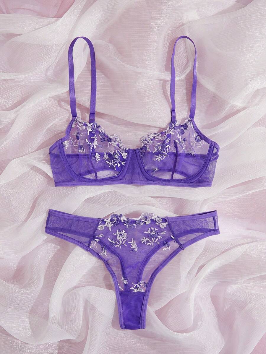 Floral Spaghetti Strap Underwire Lingerie Set Purple