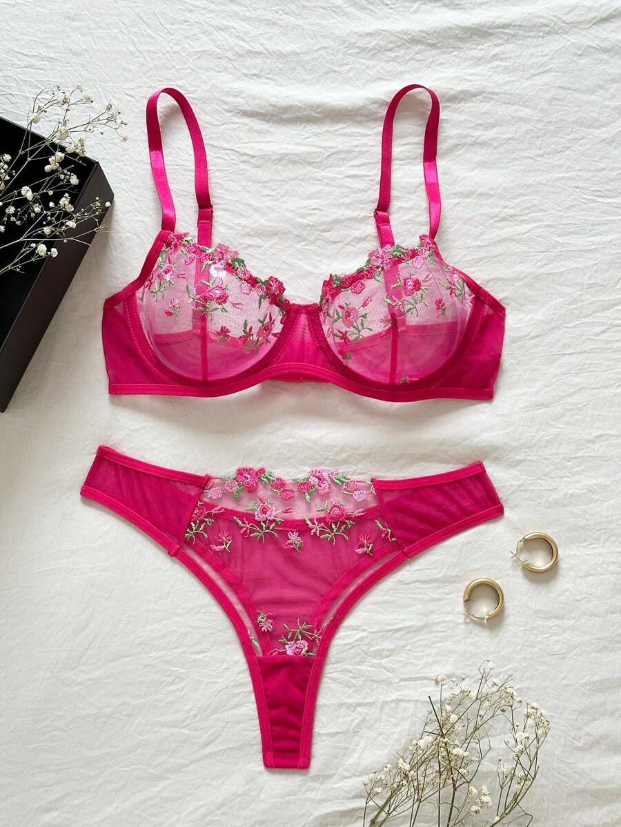 Floral Spaghetti Strap Underwire Lingerie Set Dark Pink