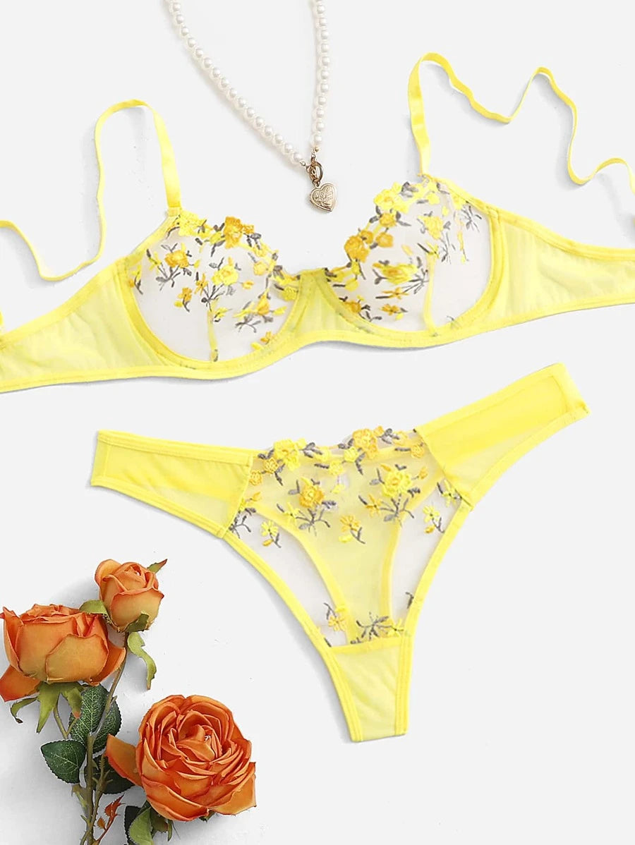 Floral Spaghetti Strap Underwire Lingerie Set Yellow