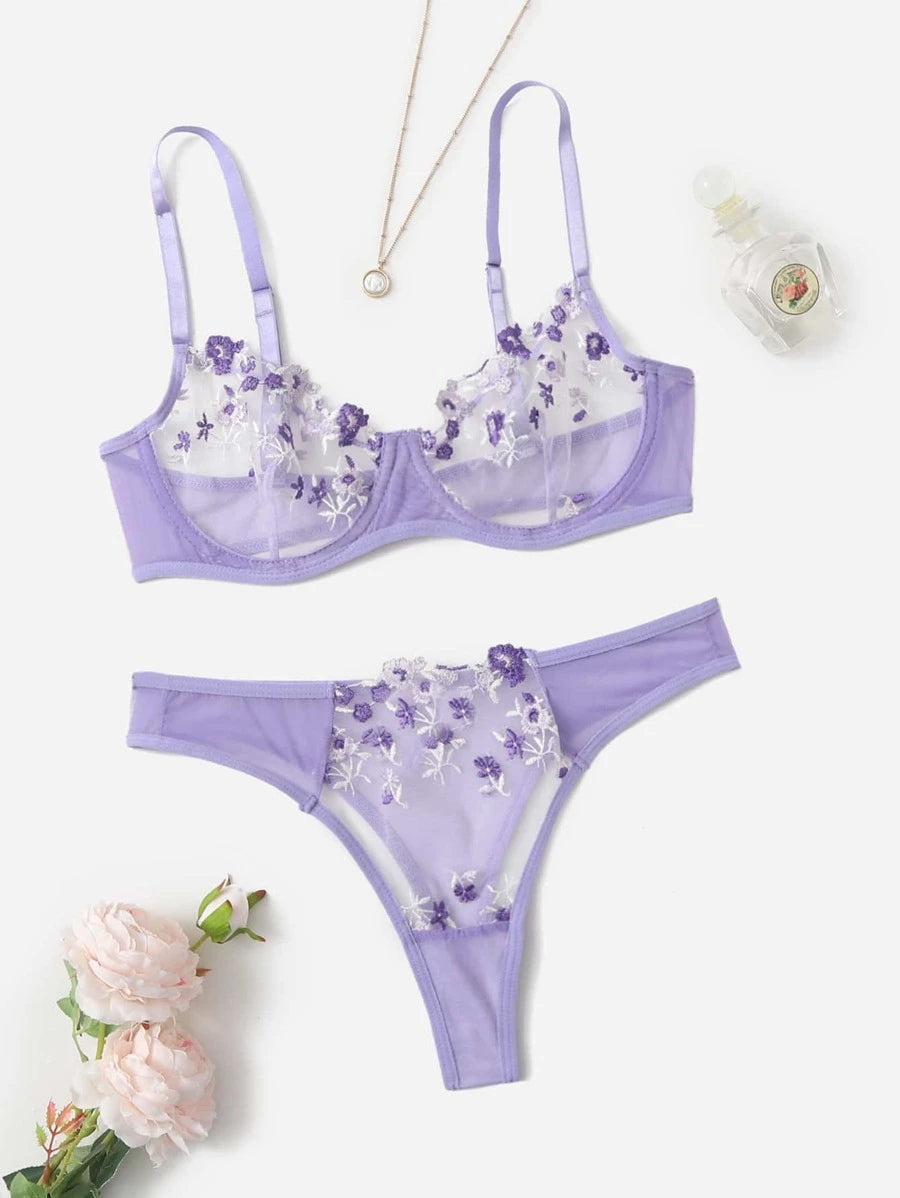 Floral Spaghetti Strap Underwire Lingerie Set Light Purple