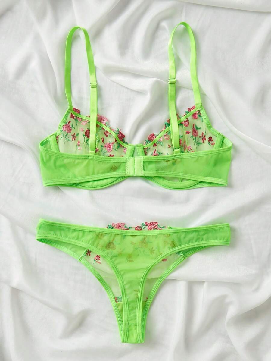 Floral Spaghetti Strap Underwire Lingerie Set