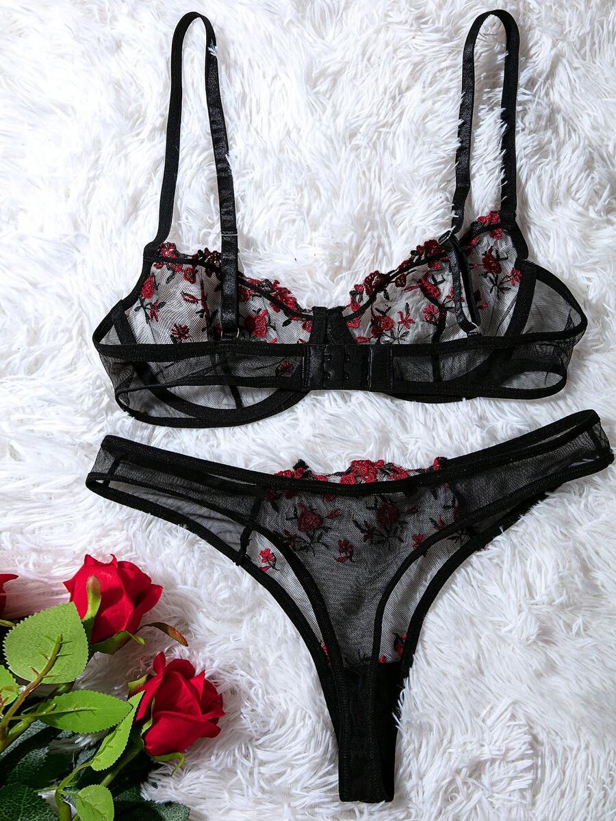 Floral Spaghetti Strap Underwire Lingerie Set