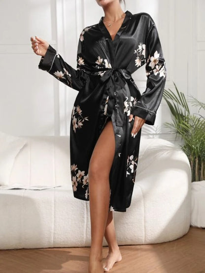 Flower Print Belted Satin Robe