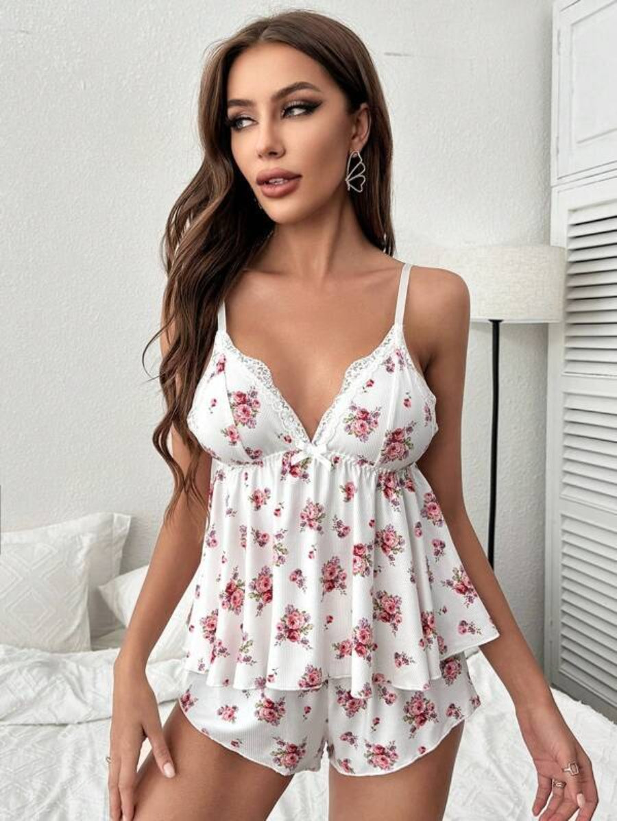 Flower Print Lace Trim Cami Top And Shorts Set