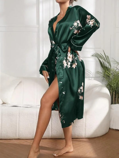 Flower Printed Belted Satin Robe