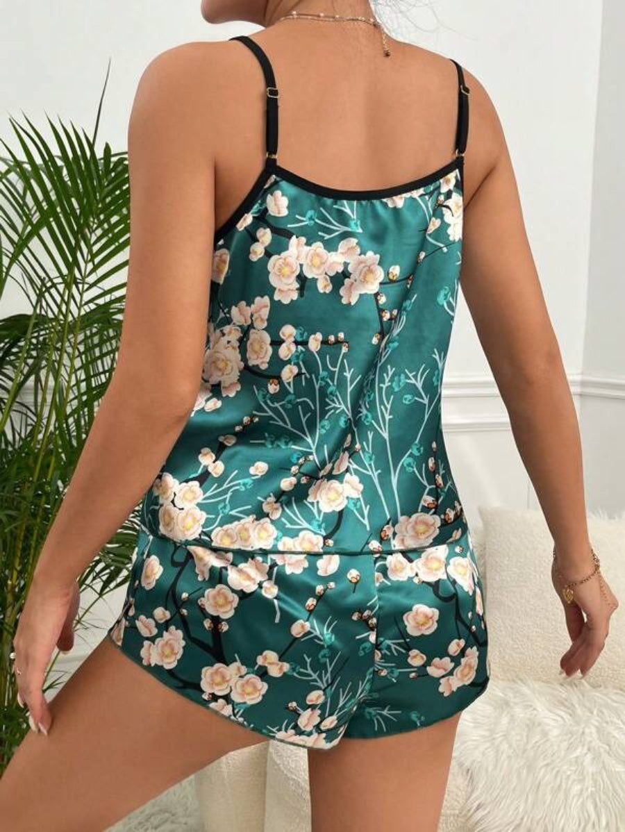 Flower Printed Satin Cami Top And Shorts Set