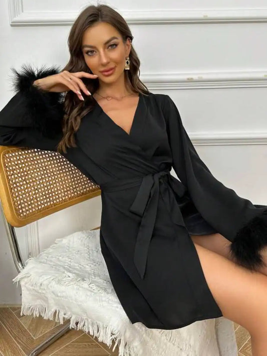 Fuzzy Cuff Belted Robe