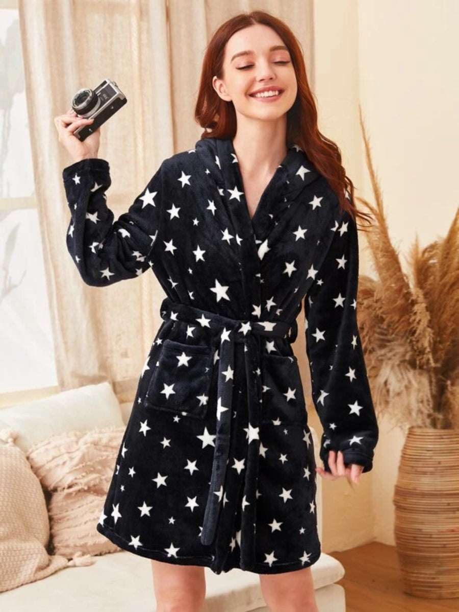 Galaxy Print Self Tie Teddy Robe