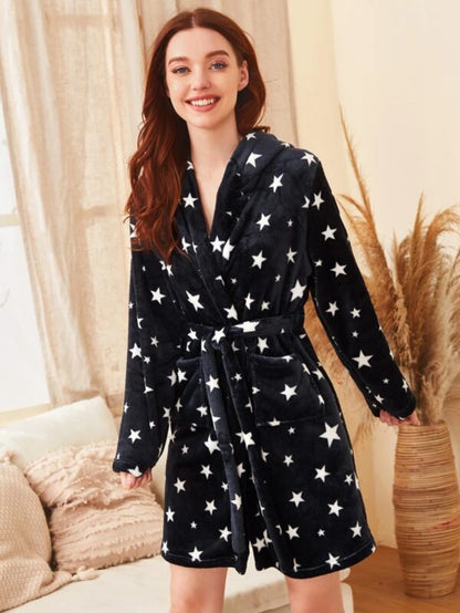 Galaxy Print Self Tie Teddy Robe