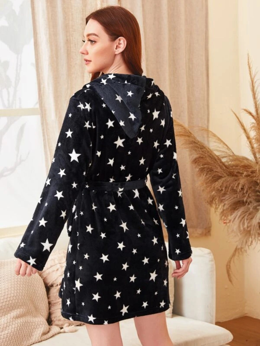 Galaxy Print Self Tie Teddy Robe