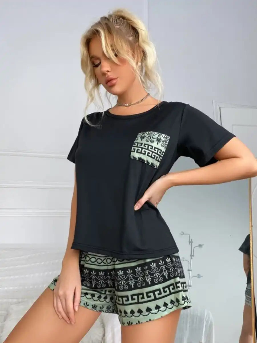 Graphic Printed Pocket Front Pajama Set