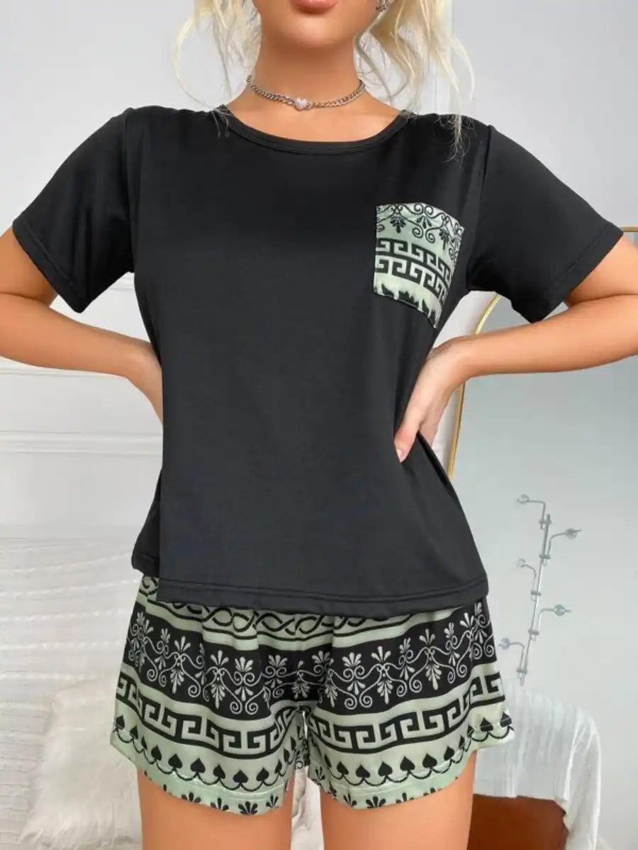 Graphic Printed Pocket Front Pajama Set