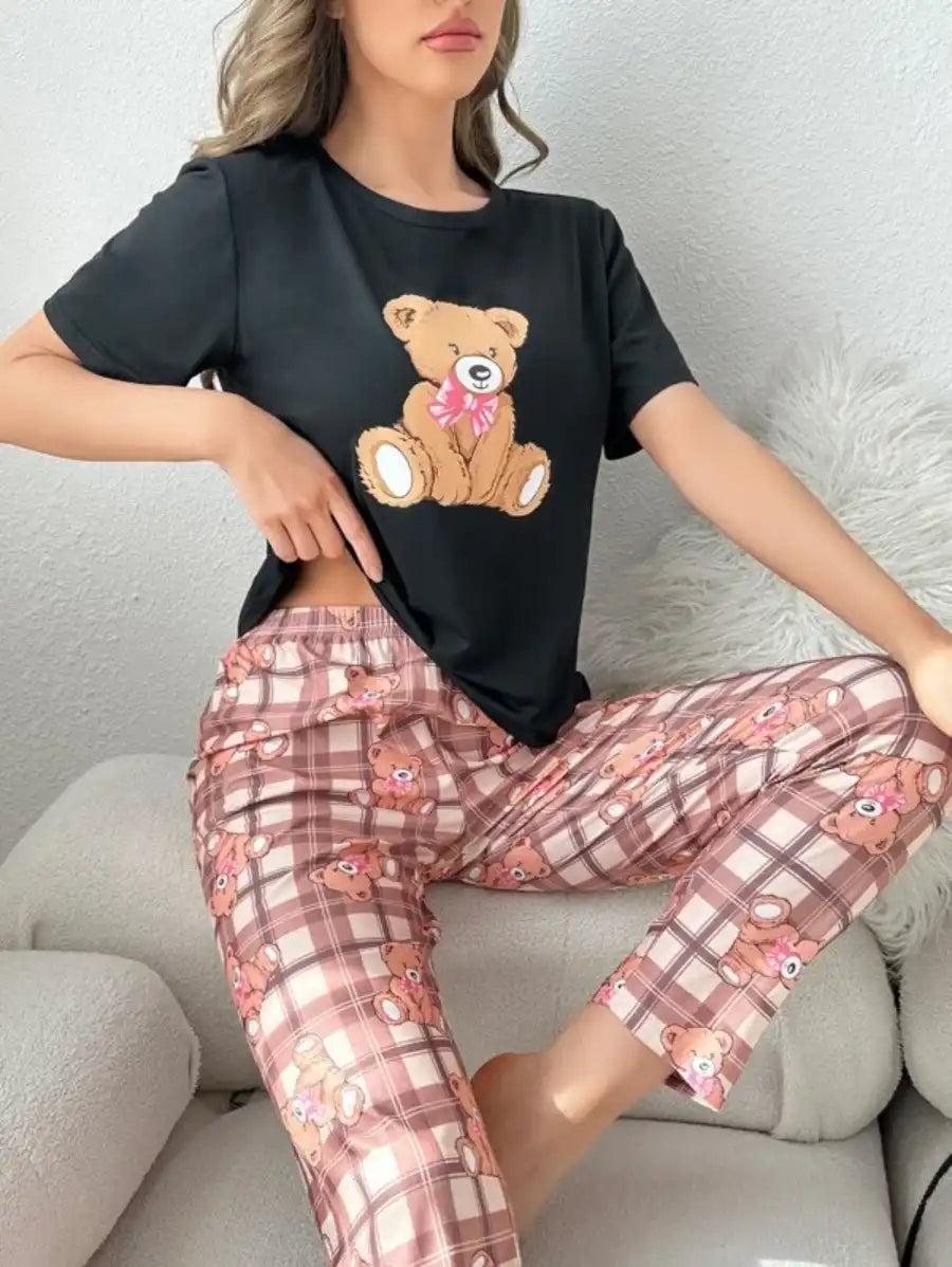 Graphic Tee And Plaid Printed Pants Pajama Set