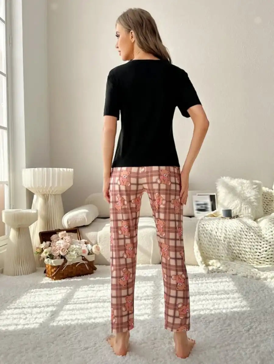 Graphic Tee And Plaid Printed Pants Pajama Set