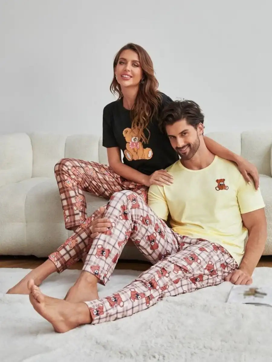 Graphic Tee And Plaid Printed Pants Pajama Set